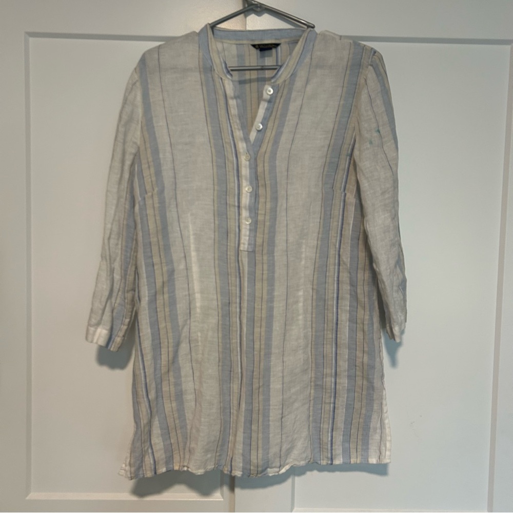 Brooks Brothers White and Light Blue Striped Linen Shirt